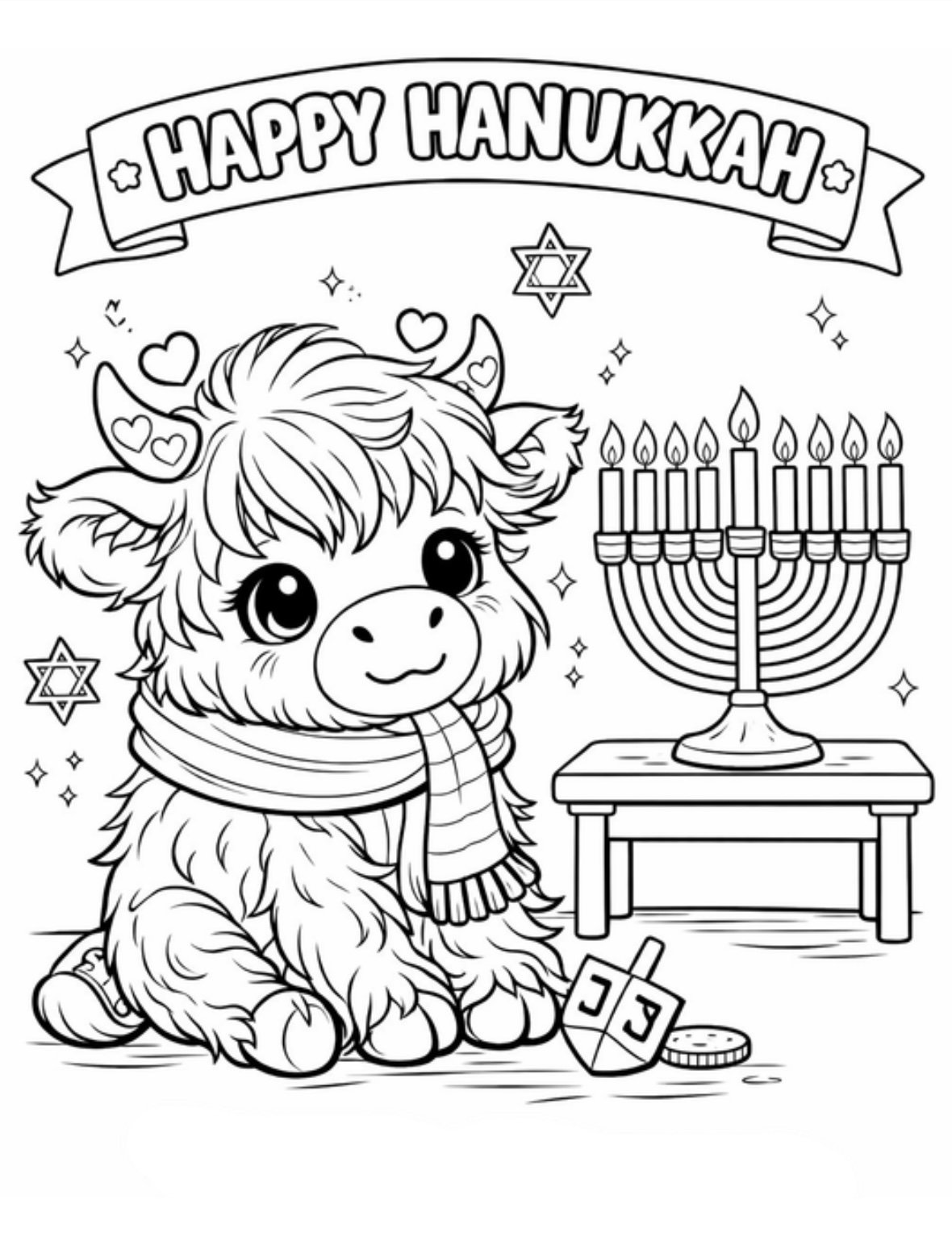 Hanukkah Jewish holiday Coloring page Kids activity Printable Classroom printable Holiday coloring Winter activity Bella Moo Menorah