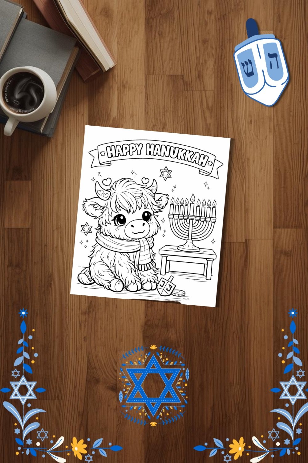 Jewish holiday kids printable coloring page featuring menorah and dreidel