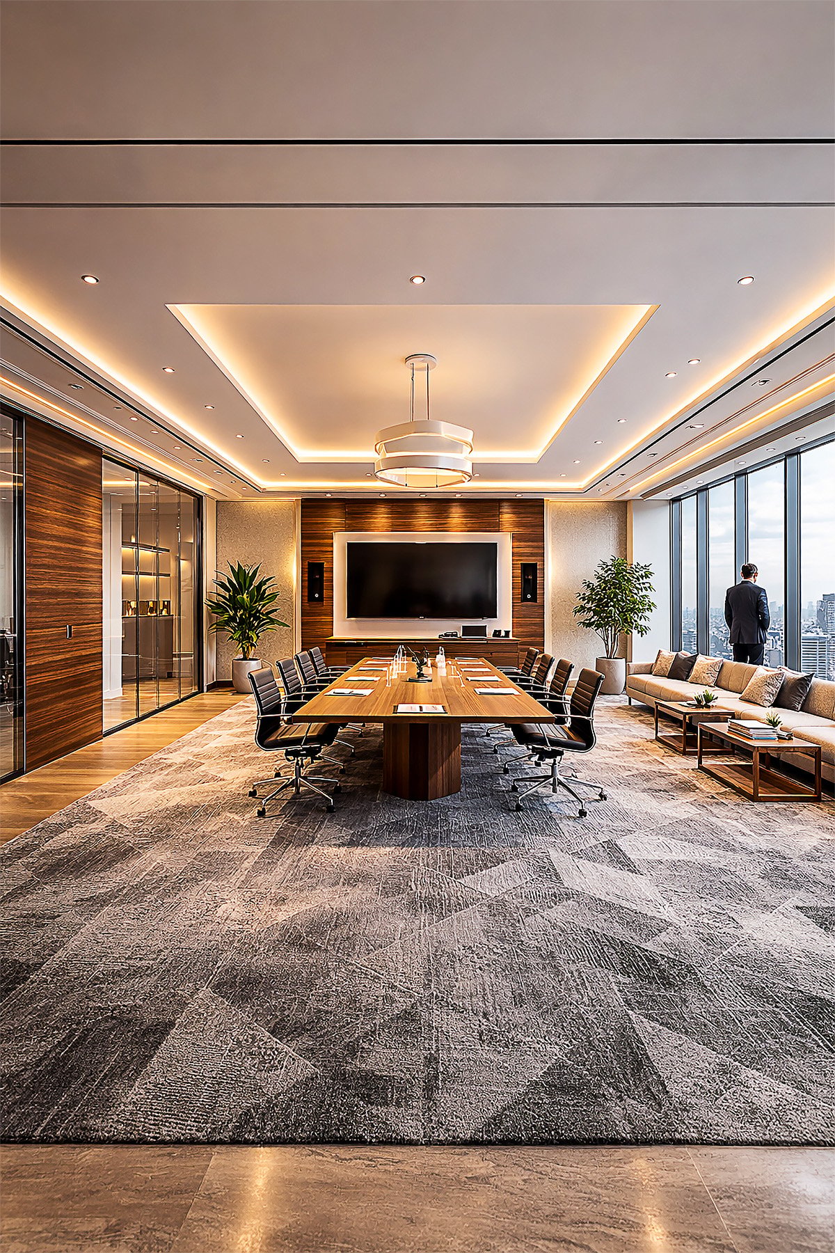 luxury office lounge, executive lounge interior, skyline office design, modern corporate interior, panoramic glass office, marble floor office, leather sofa office, high end workspace, architectural visualization, 8k interior render