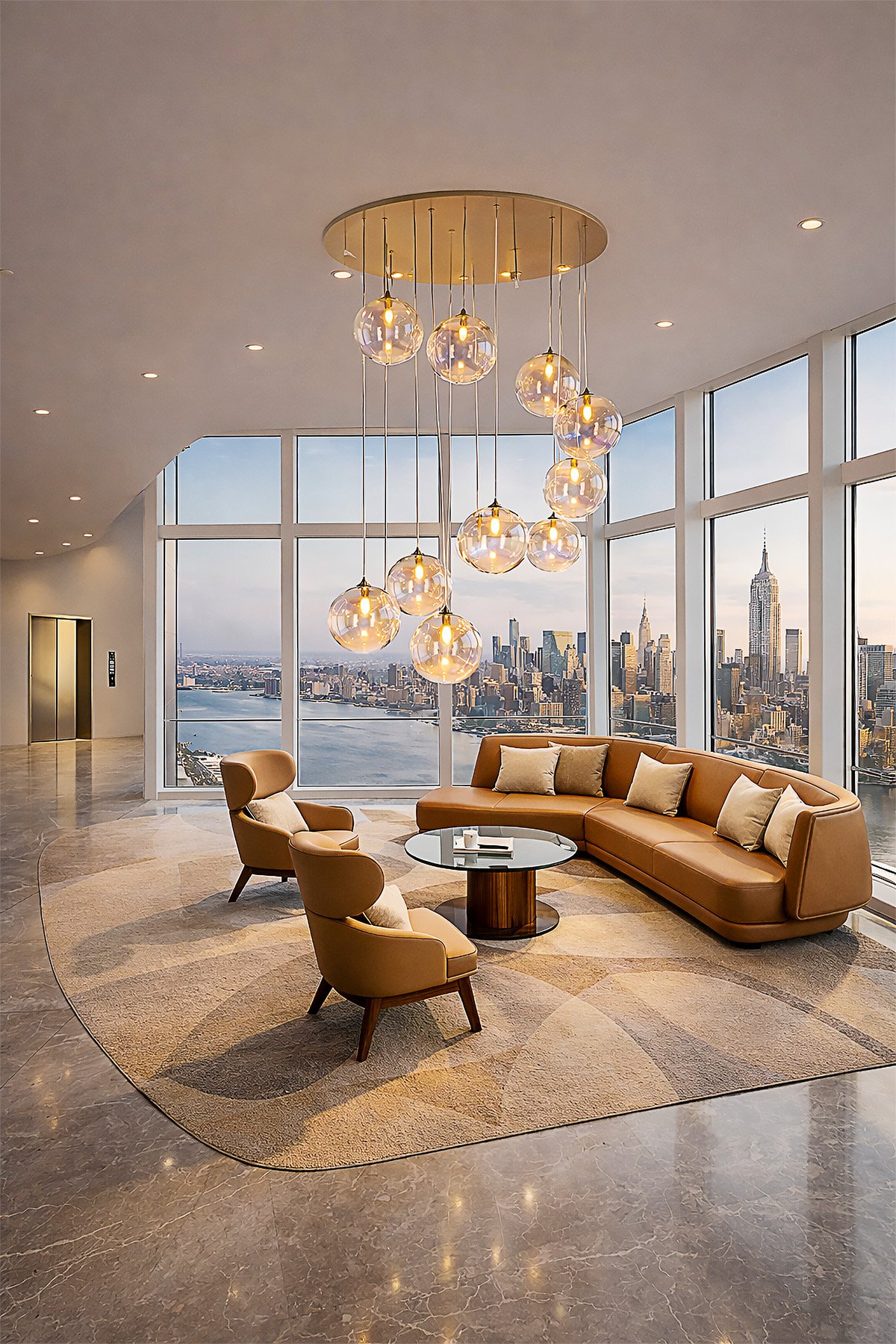 luxury office lounge, executive lounge interior, skyline office design, modern corporate interior, panoramic glass office, marble floor office, leather sofa office, high end workspace, architectural visualization, 8k interior render