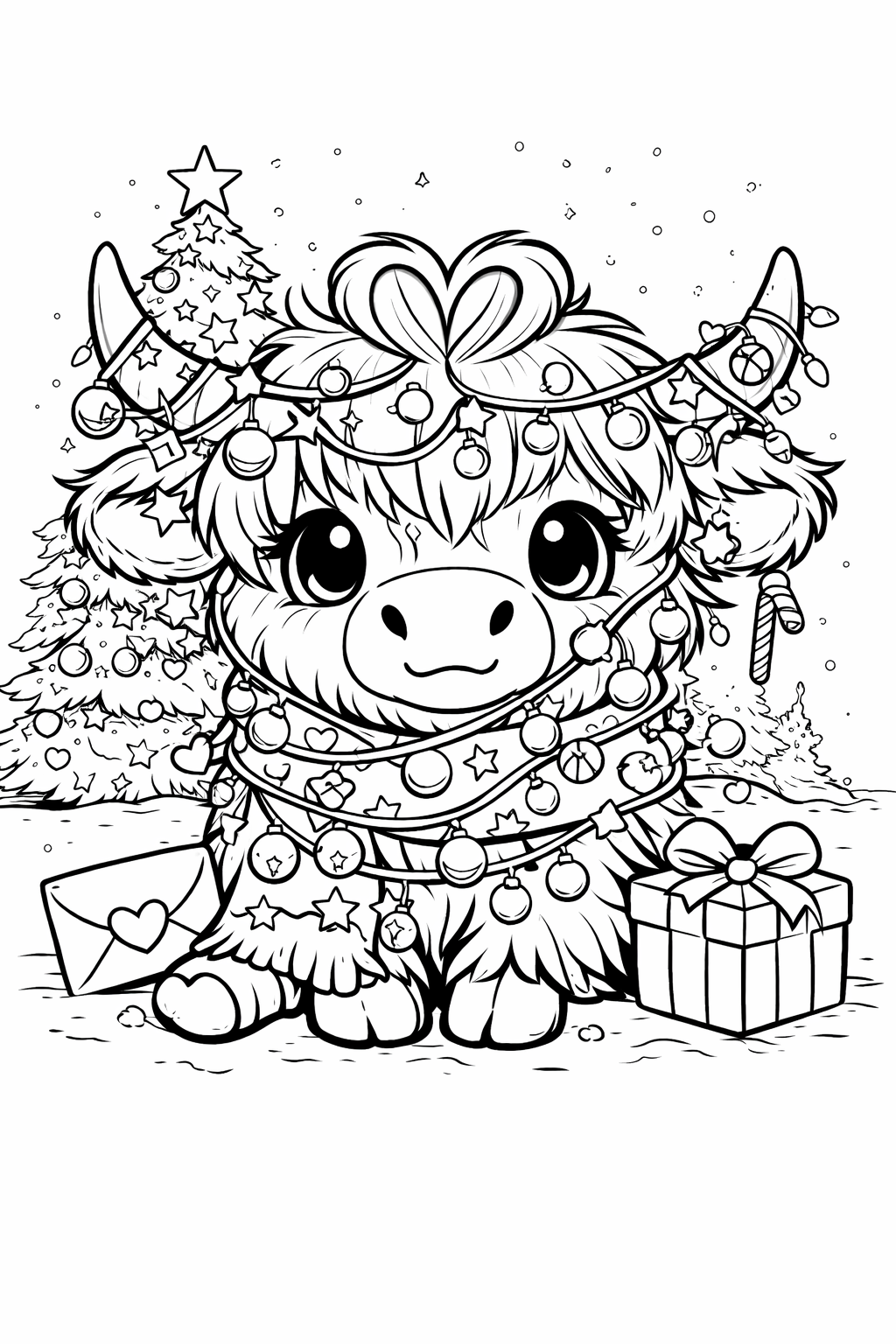 Cute Highland cow Christmas coloring page with lights and tre