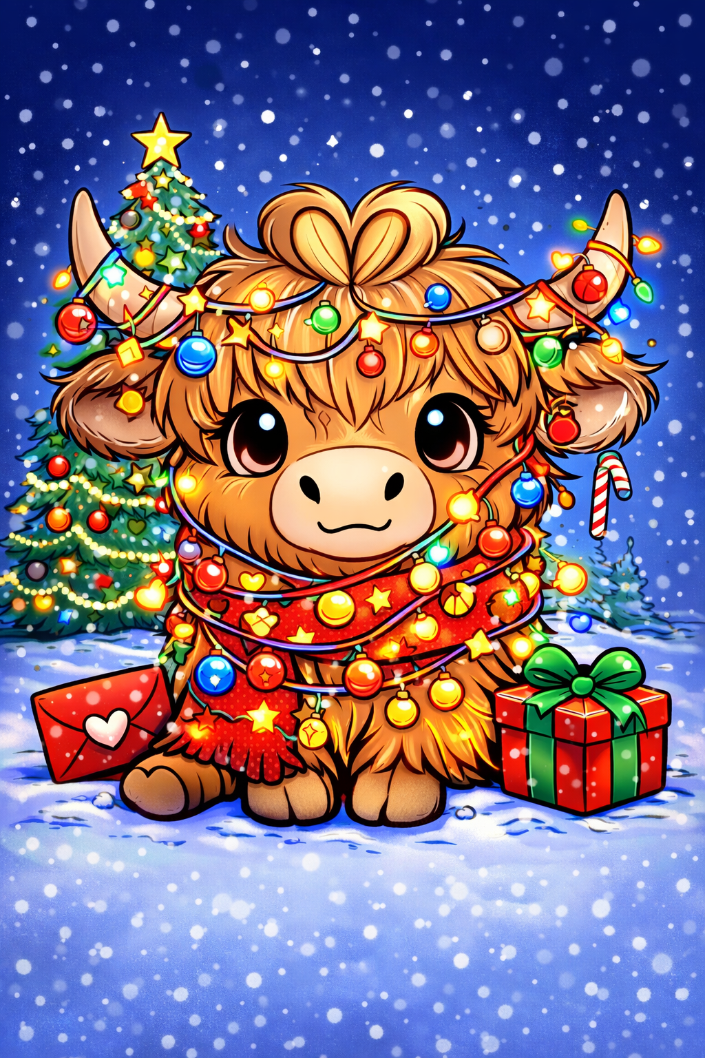 Full color Highland cow Christmas printable with lights and tree