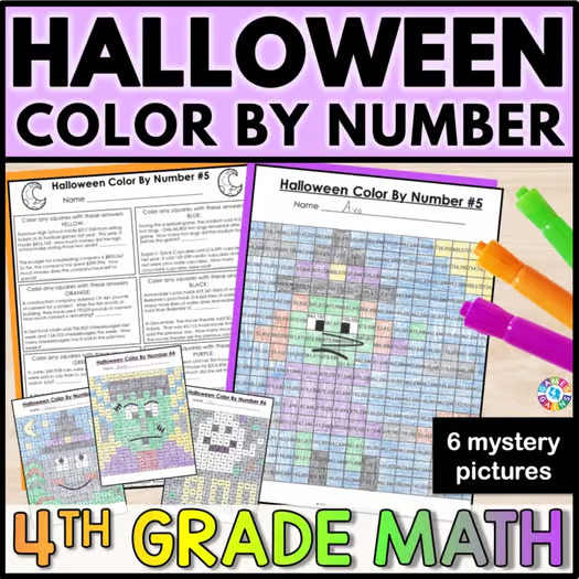4th Grade Halloween Math Activities Worksheets Coloring by Number Pages October