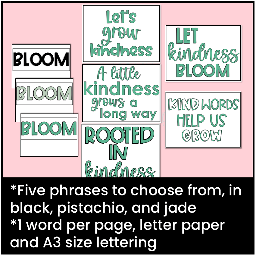 Five phrasese to choose from, in black, pistachio, and jade.