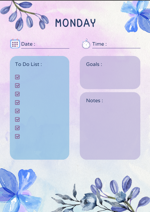 "Monday page from blue and purple watercolor floral daily journal with space for date, time, to-do list, goals, checkboxes, and notes – soft, pretty design for weekly planning."