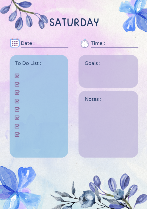 "Saturday page from watercolor floral journal with date, time, to-do list, goals, checkboxes, and notes section – gentle aesthetic for weekend reflection and planning."