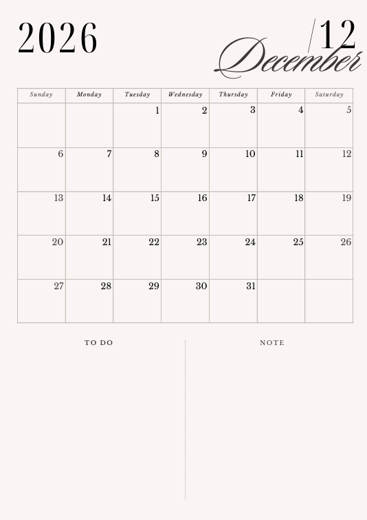 "December 2026 monthly spread with calendar, to-do, and notes – cream minimalist aesthetic for year-end planning."