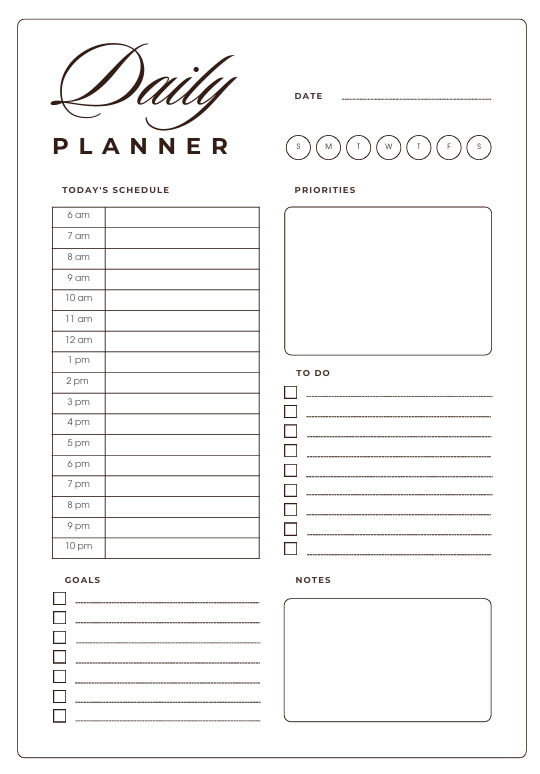 "Daily planner spread with hourly schedule from 6 am to 10 pm, priorities section, to-do list, goals, and notes – clean white and gray minimalist design."
