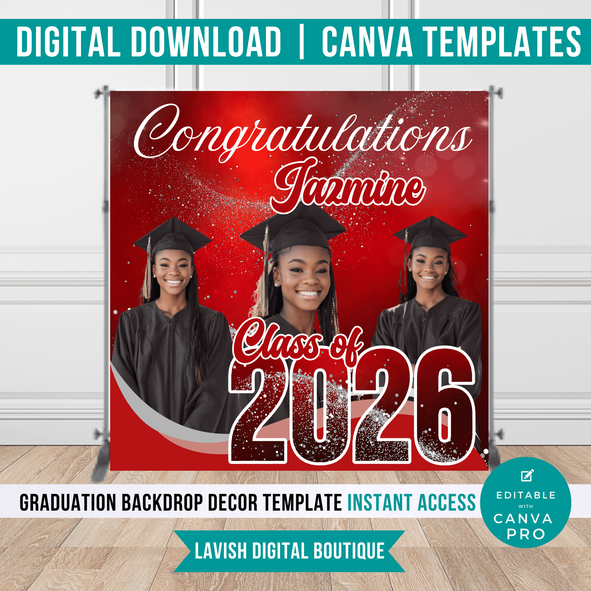 Red Editable Graduation Backdrop Canva Template | Grad Party Arch ...