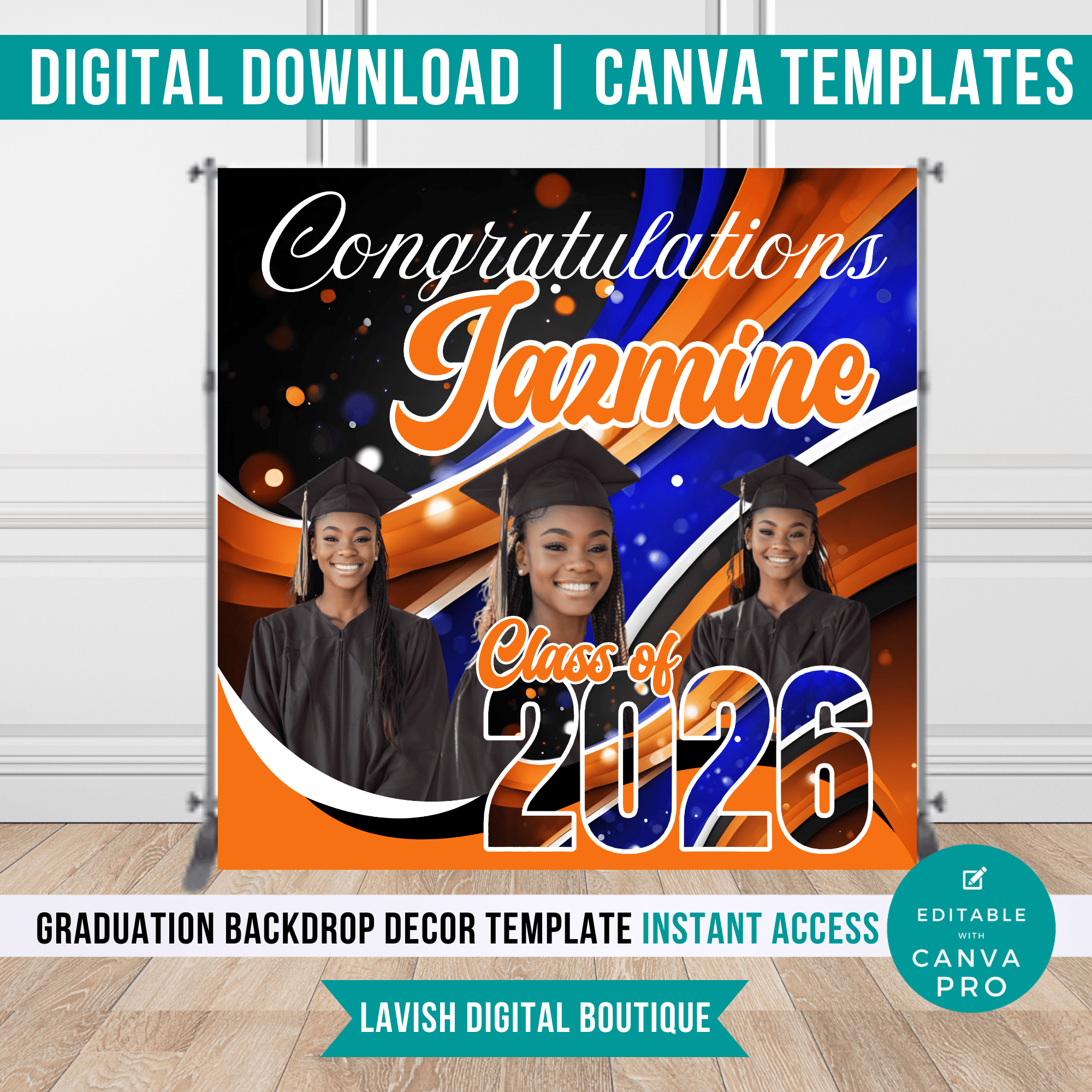 Orange Black and Blue Editable Graduation Backdrop Canva Template ...