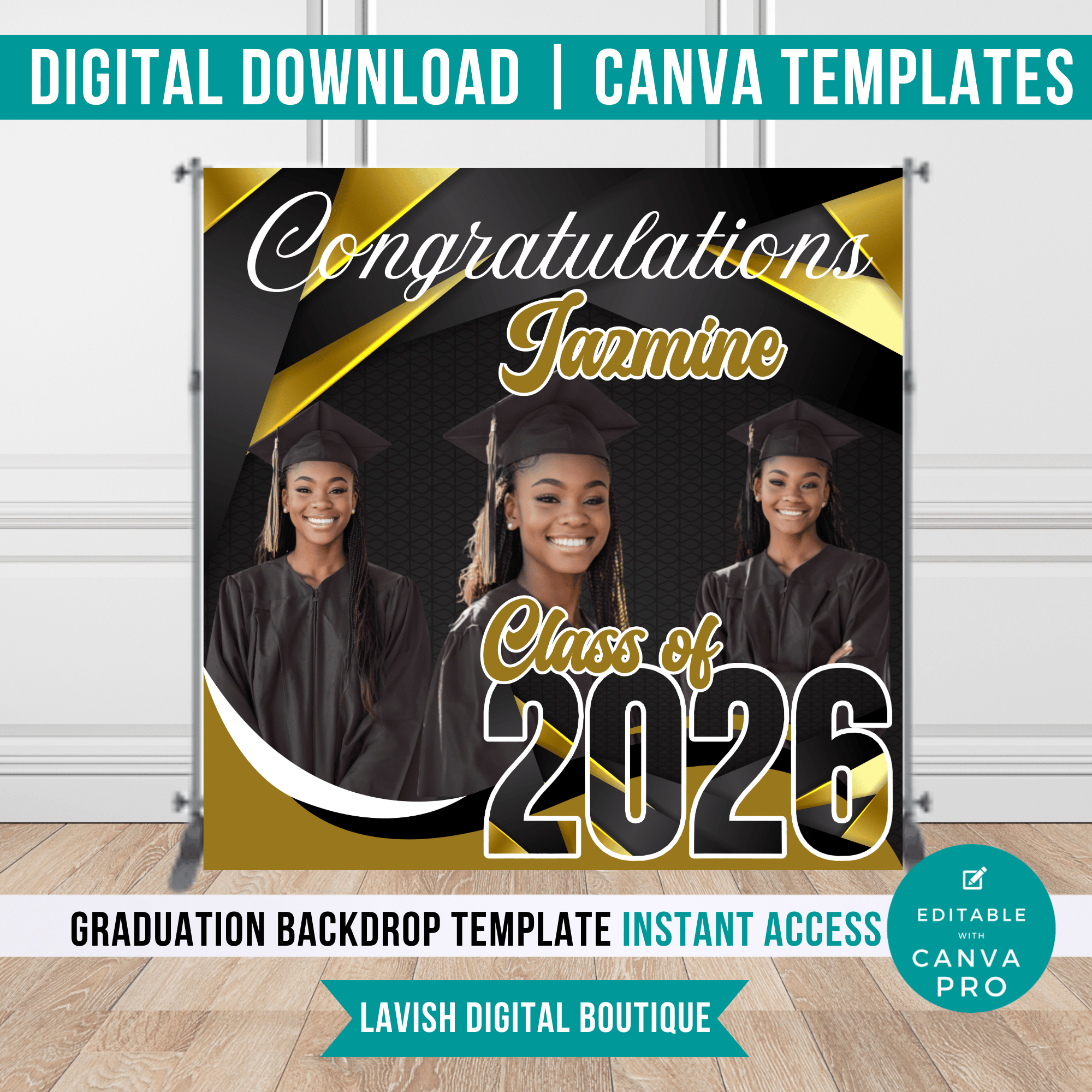 Black and Gold Editable Graduation Backdrop Canva Template | Grad Party ...