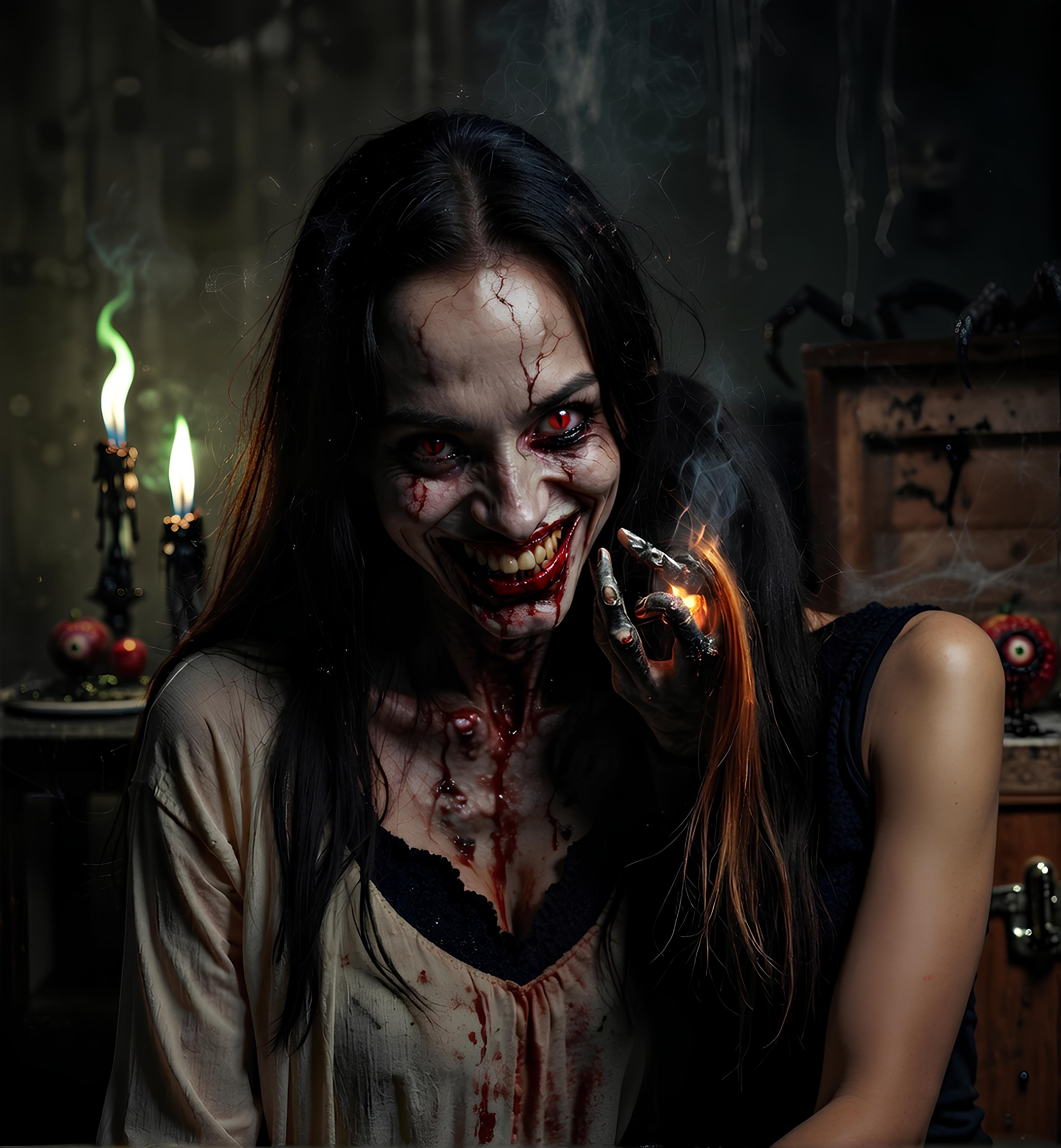 Female Dracula trying to be scary and winning