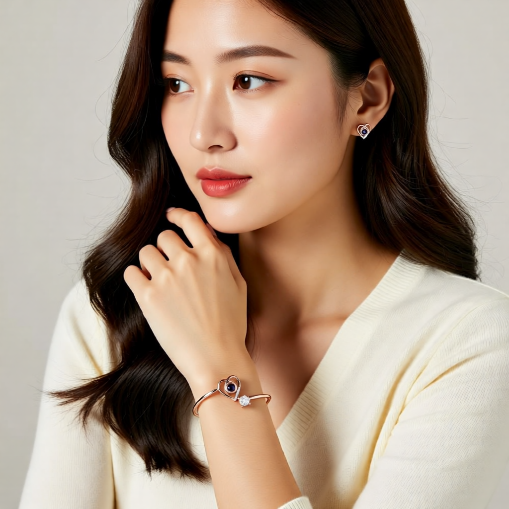 Engraved bangle bracelet with heart-shaped photo projection stone