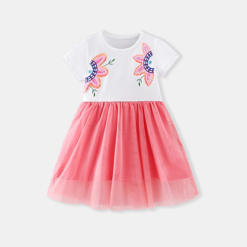 Kids floral princess dress with layered mesh and cotton comfort