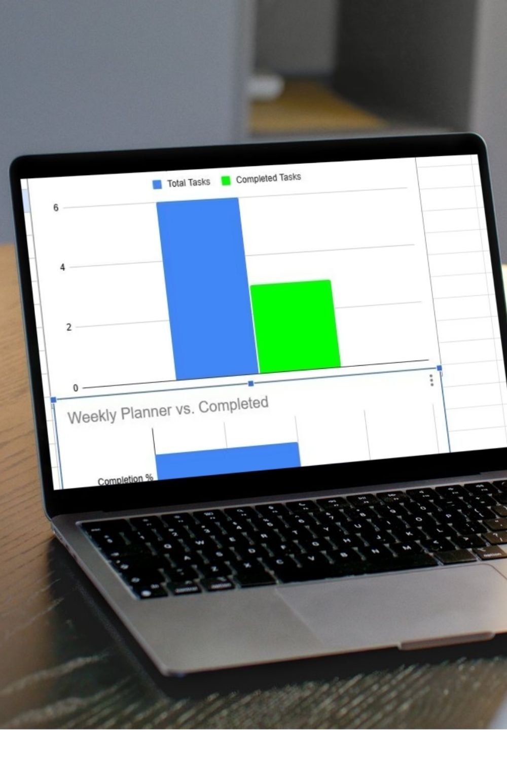 Laptop showing a Google Sheets task chart comparing total versus completed tasks for a digital weekly planner.