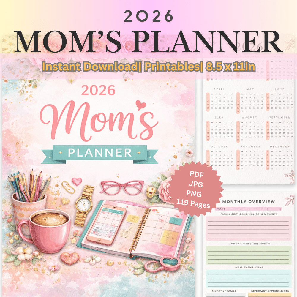 2026 Mom’s planner family schedule meal planning expense tracker