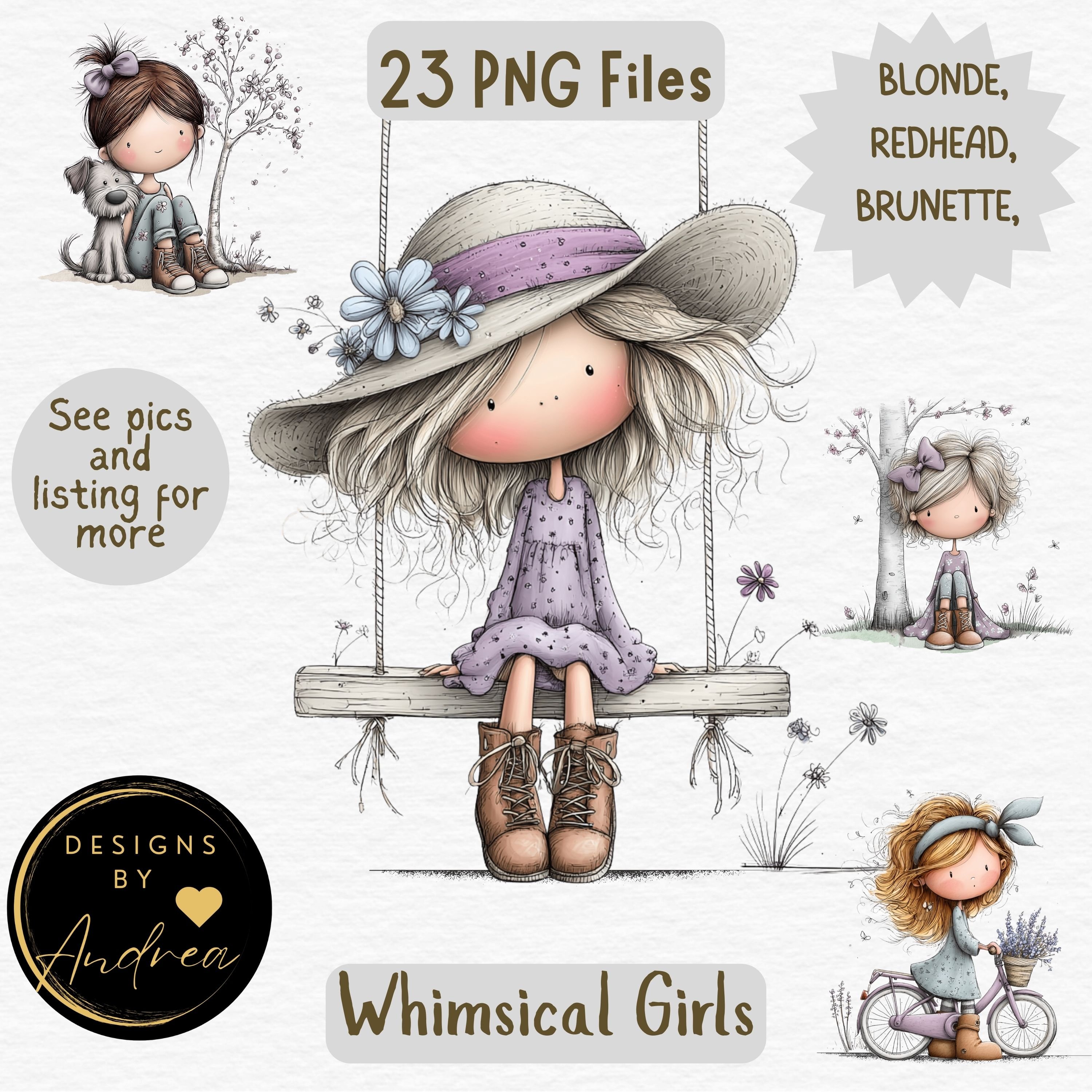 Whimsical Spring Girls PNG Clipart Set | Cute Boho Girl Illustrations ...