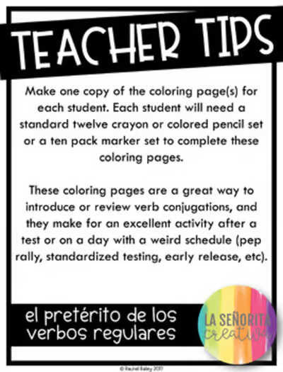 Regular Preterite Verbs Spanish Verb Conjugation Coloring Emergency Sub Plan