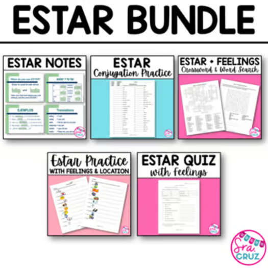 Spanish Verb Estar Worksheets BUNDLE Notes Practice Activities Puzzles and Quiz