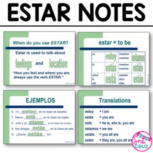 Spanish Verb Estar Worksheets BUNDLE Notes Practice Activities Puzzles and Quiz