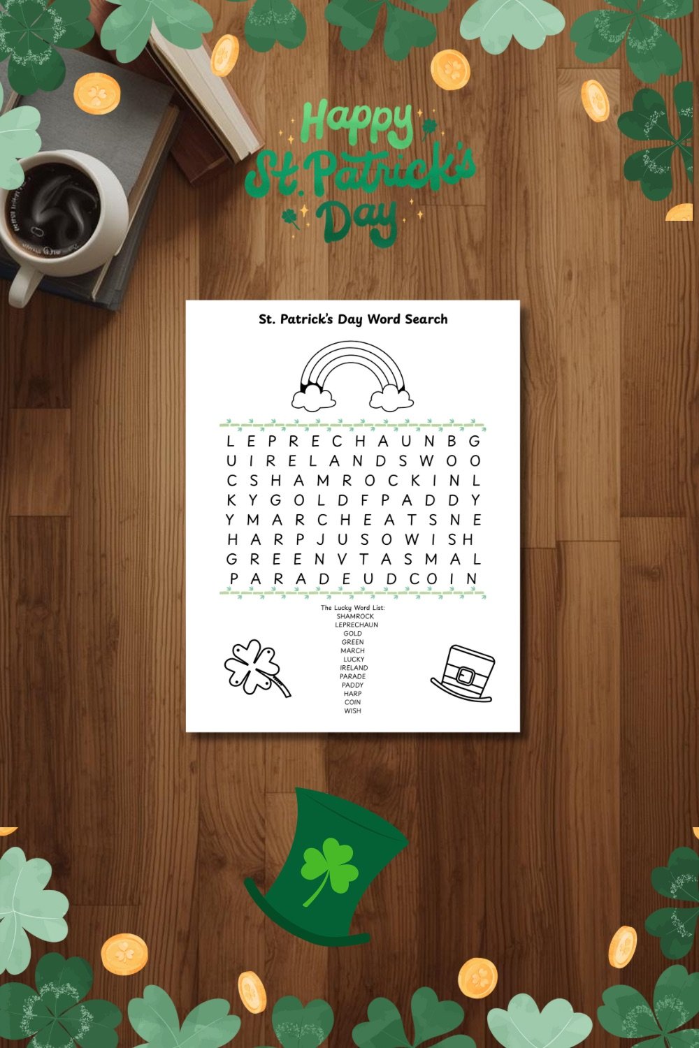 St Patrick’s Day word search printable puzzle Kids St Patrick’s Day activity worksheet Holiday word search with coloring pictures St Patrick’s Day puzzle answer key grid Printable March holiday activity for kids