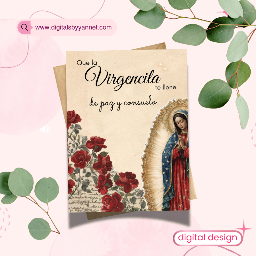 Minimalist Spanish Catholic printable card with the phrase Que la Virgencita te cuide hoy y siempre and soft pastel floral artwork.