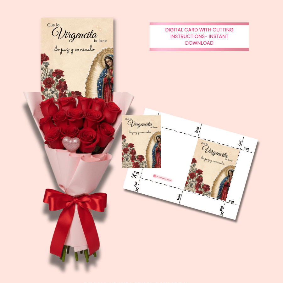 Spanish religious printable greeting card with watercolor Virgin Mary illustration and delicate floral details designed for letter size printing.