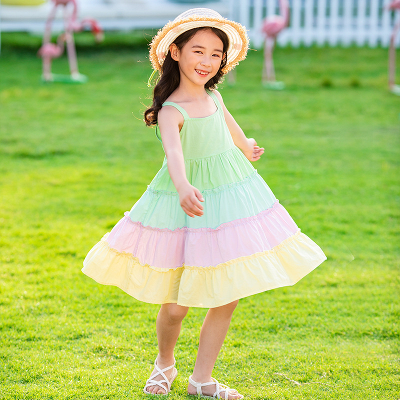 Cute girls rainbow party dress soft cotton fabric