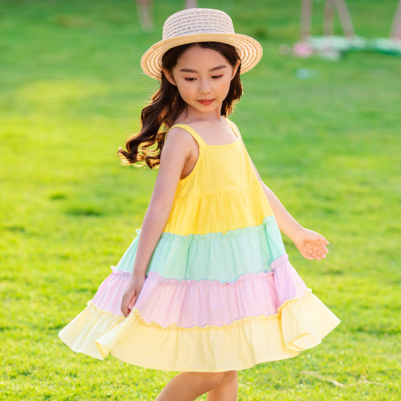 Girls cotton rainbow dress with wide twirl skirt