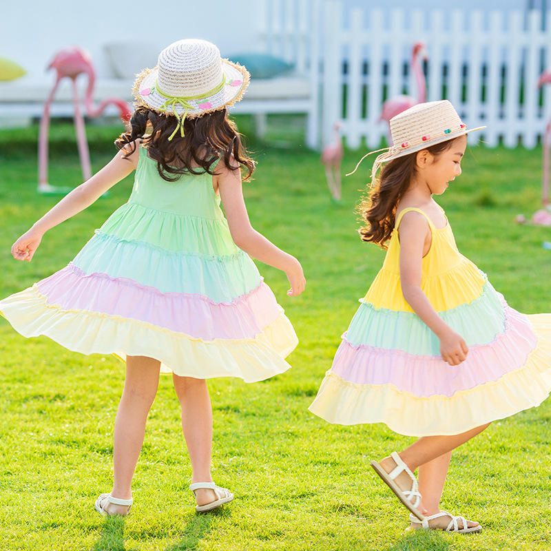 Girls rainbow print sleeveless dress with flared skirt