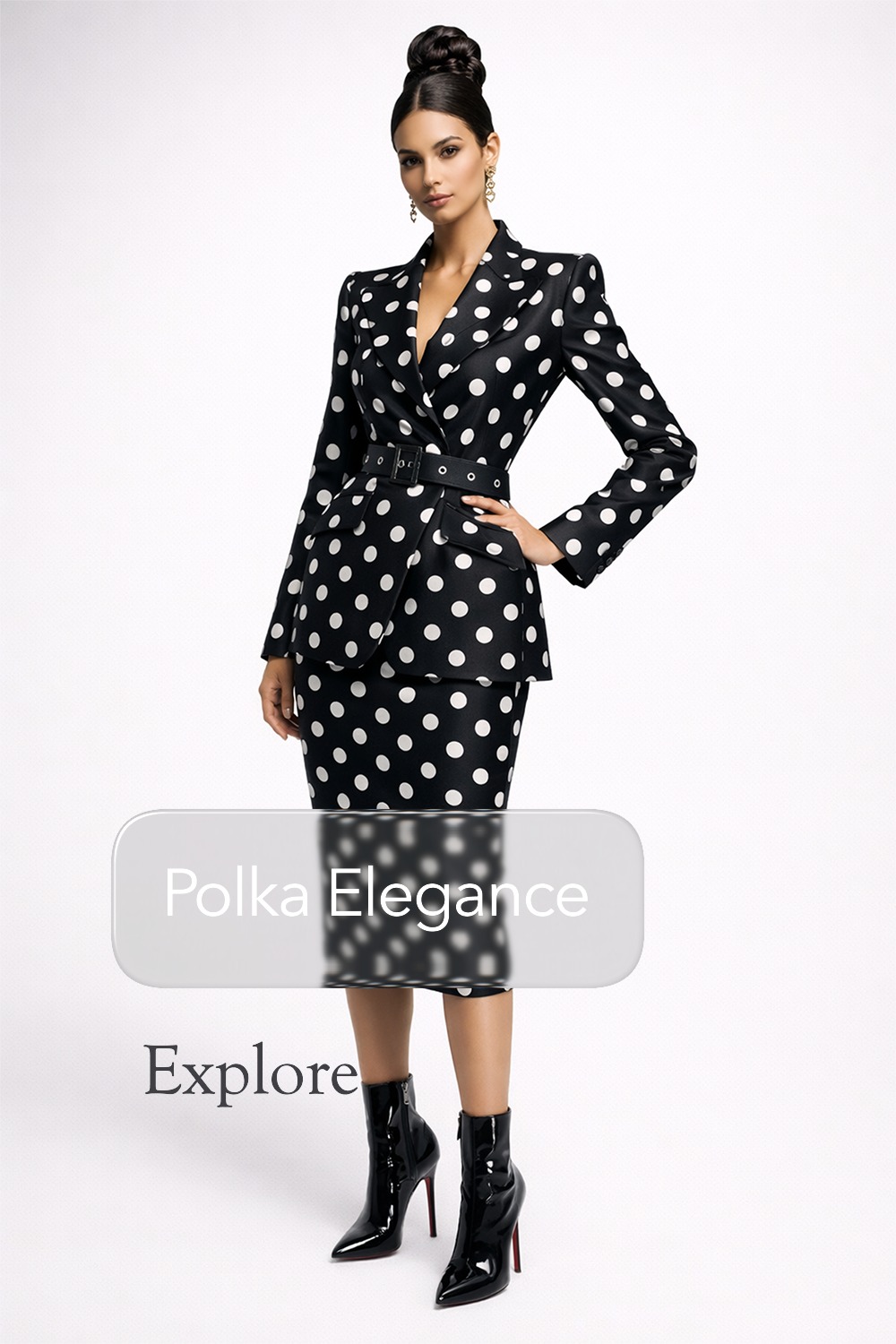 Polka Elegance captures refined femininity, power dressing, and classic black-and-white luxury styling in one cohesive editorial art collection. Featuring a tailored polka dot power suit styled with sleek patent stiletto boots, this high-fashion artwork b
