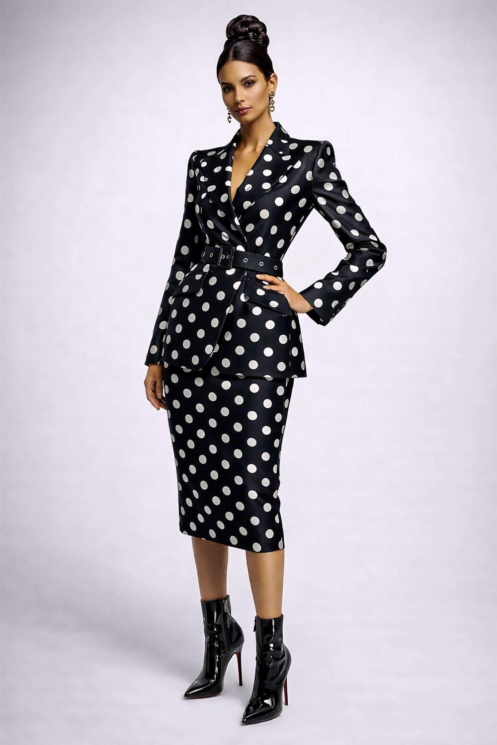 Polka Elegance captures refined femininity, power dressing, and classic black-and-white luxury styling in one cohesive editorial art collection. Featuring a tailored polka dot power suit styled with sleek patent stiletto boots, this high-fashion artwork b