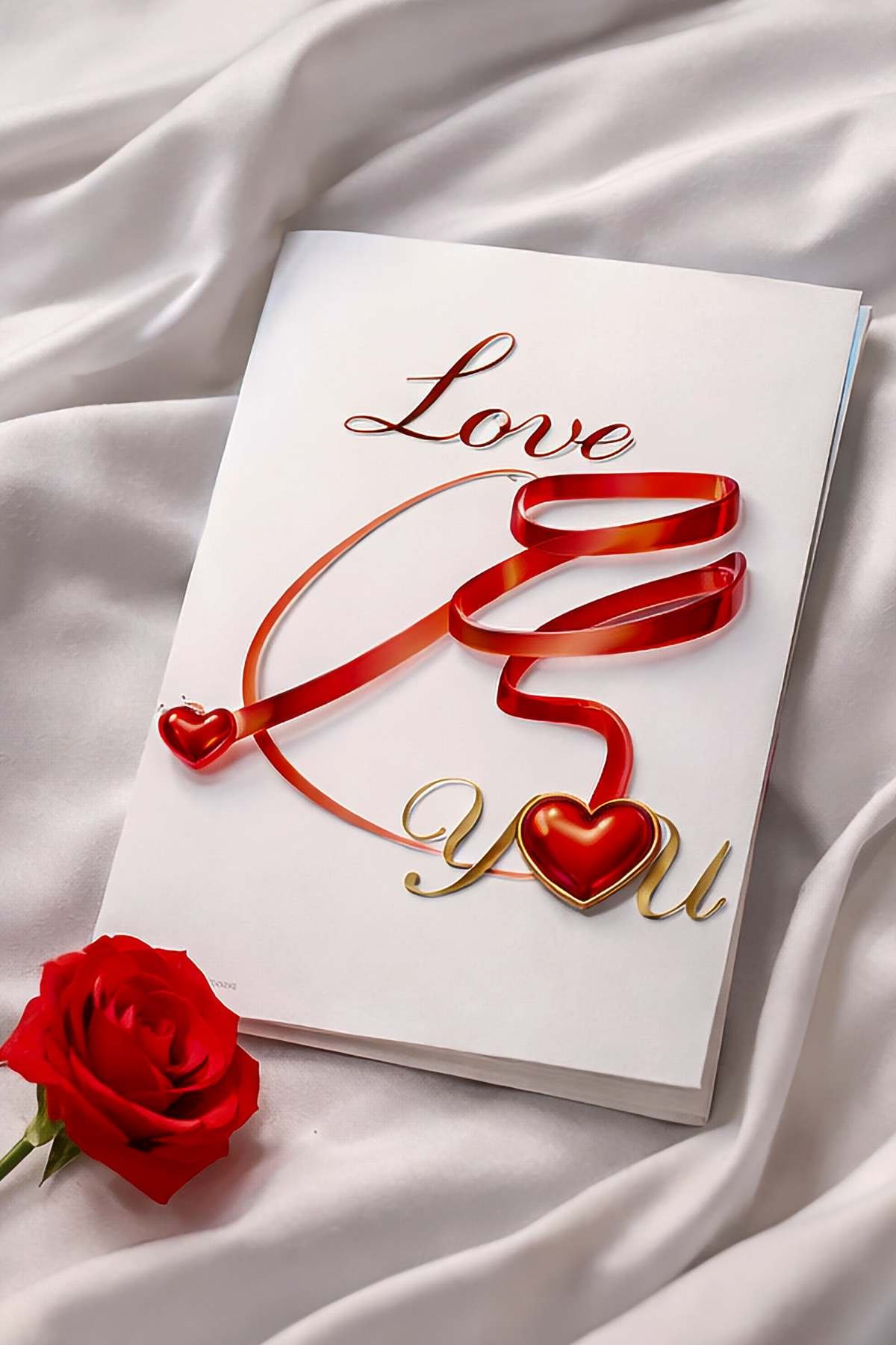 Luxury 3D gold “Love” script with red glossy spiral ribbon and glowing heart accents. High-end romantic artwork inspired by fine jewelry aesthetics. Perfect for wedding invitations, Valentine’s Day designs, anniversary prints, engagement announcements, an