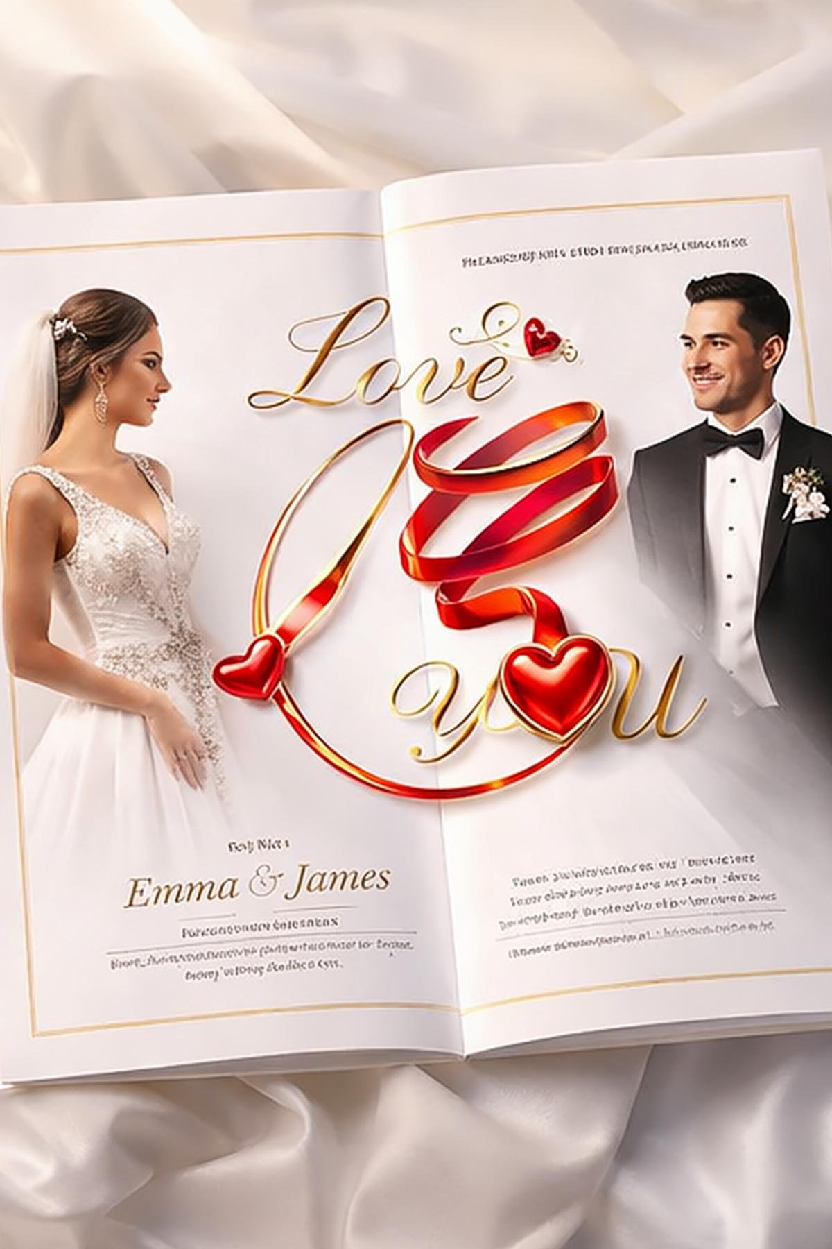 Luxury 3D gold “Love” script with red glossy spiral ribbon and glowing heart accents. High-end romantic artwork inspired by fine jewelry aesthetics. Perfect for wedding invitations, Valentine’s Day designs, anniversary prints, engagement announcements, an
