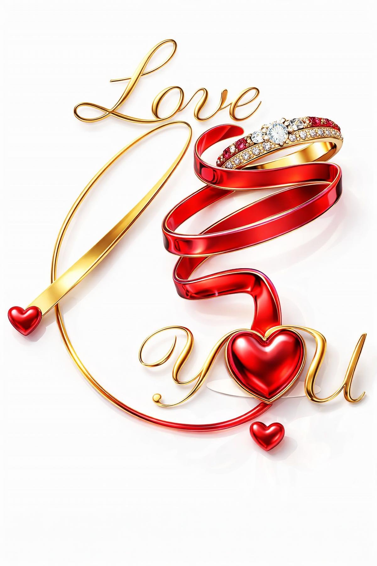 Luxury 3D gold “Love” script with red glossy spiral ribbon and glowing heart accents. High-end romantic artwork inspired by fine jewelry aesthetics. Perfect for wedding invitations, Valentine’s Day designs, anniversary prints, engagement announcements, an