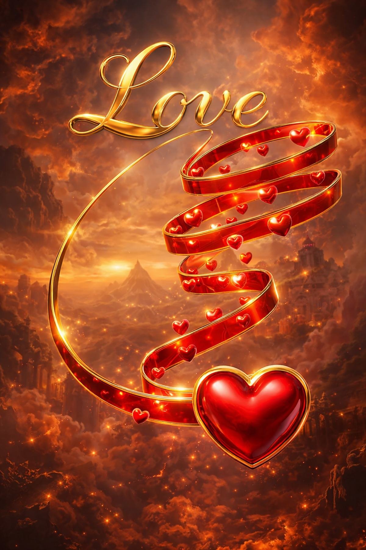 Luxury 3D gold “Love” script with red glossy spiral ribbon and glowing heart accents. High-end romantic artwork inspired by fine jewelry aesthetics. Perfect for wedding invitations, Valentine’s Day designs, anniversary prints, engagement announcements, an