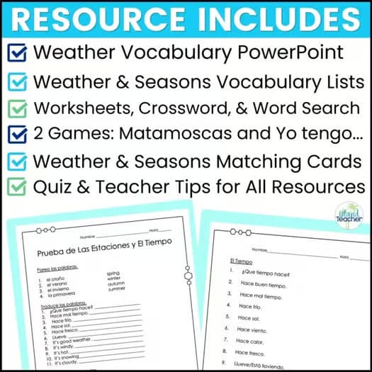 Spanish Weather Worksheets Games Quiz PowerPoint Vocabulary Lesson BUNDLE