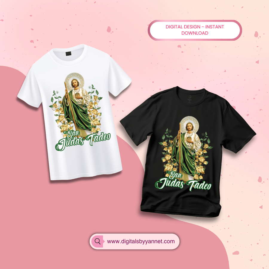 Hermoso diseño digital de San Judas Tadeo listo para sublimación. Archivo PNG en alta resolución con fondo transparente, ideal para camisetas, sudaderas, bolsas y más. Perfecto para emprendedores, negocios de impresión y creadores de productos religiosos.