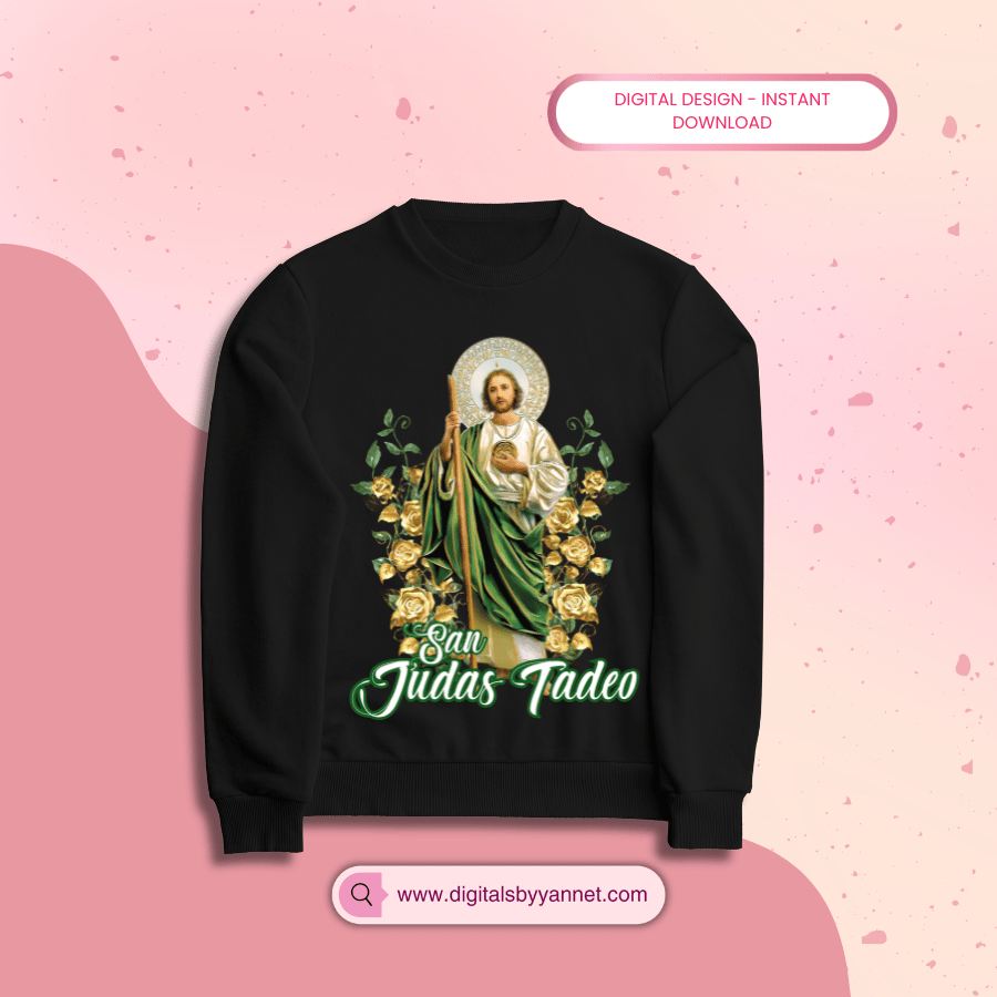 Archivo digital de San Judas Tadeo en formato PNG listo para imprimir. Ideal para sublimación, DTF, vinil textil y estampado. Diseño con colores inspirados en México y arte detallado del santo.