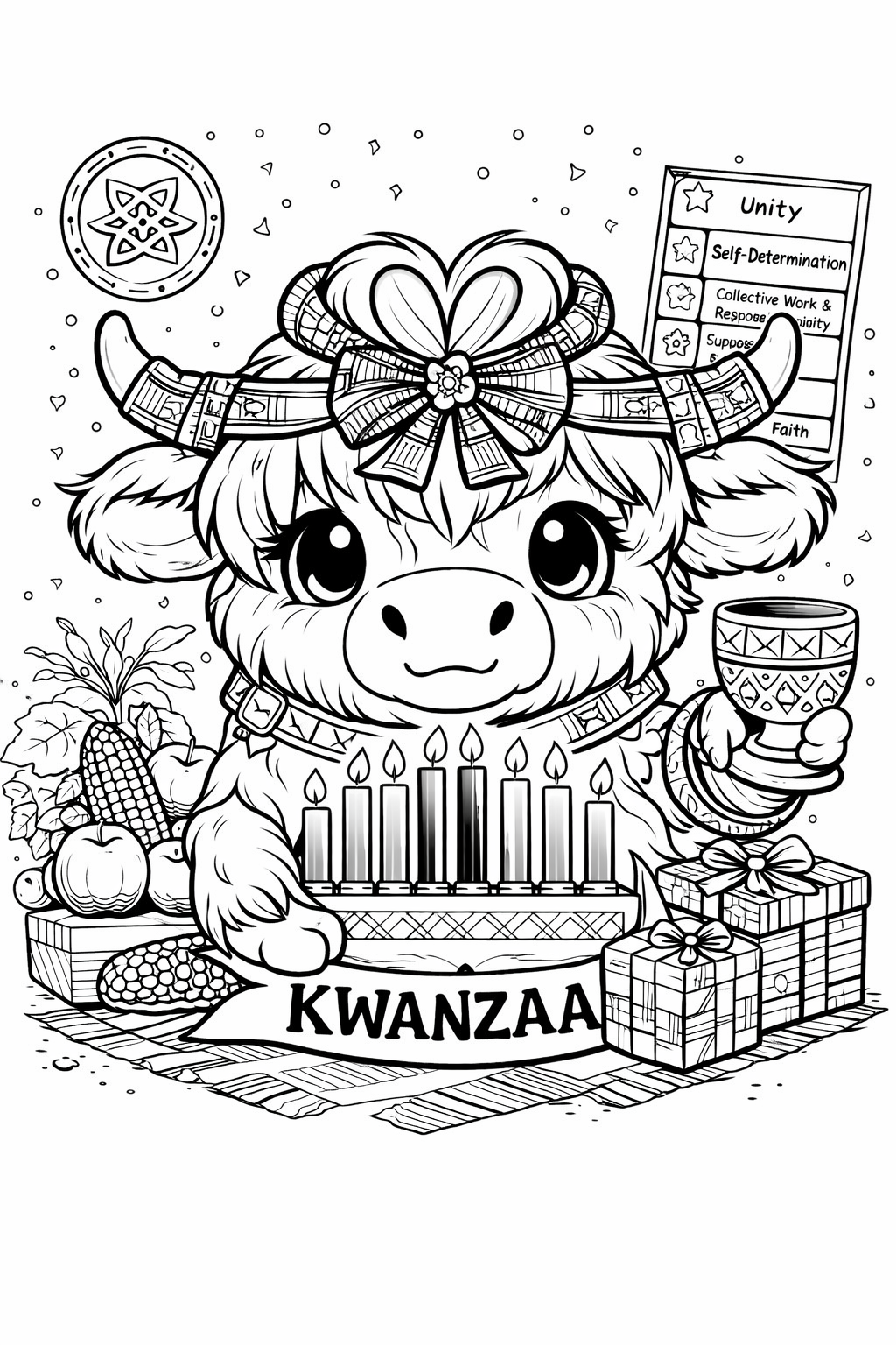 Cute Highland cow Kwanzaa coloring page printable for kids featuring kinara candles and festive holiday decorations