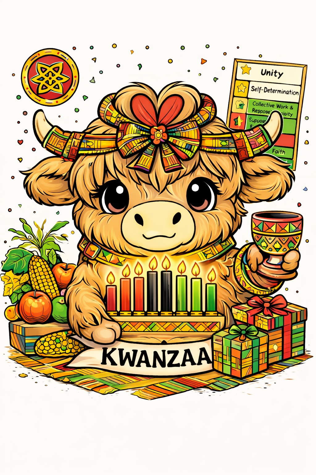 Celebrate Kwanzaa with this adorable full color Highland cow printable wall art. Perfect for classrooms, homeschool cultural studies, and festive December decor for kids.