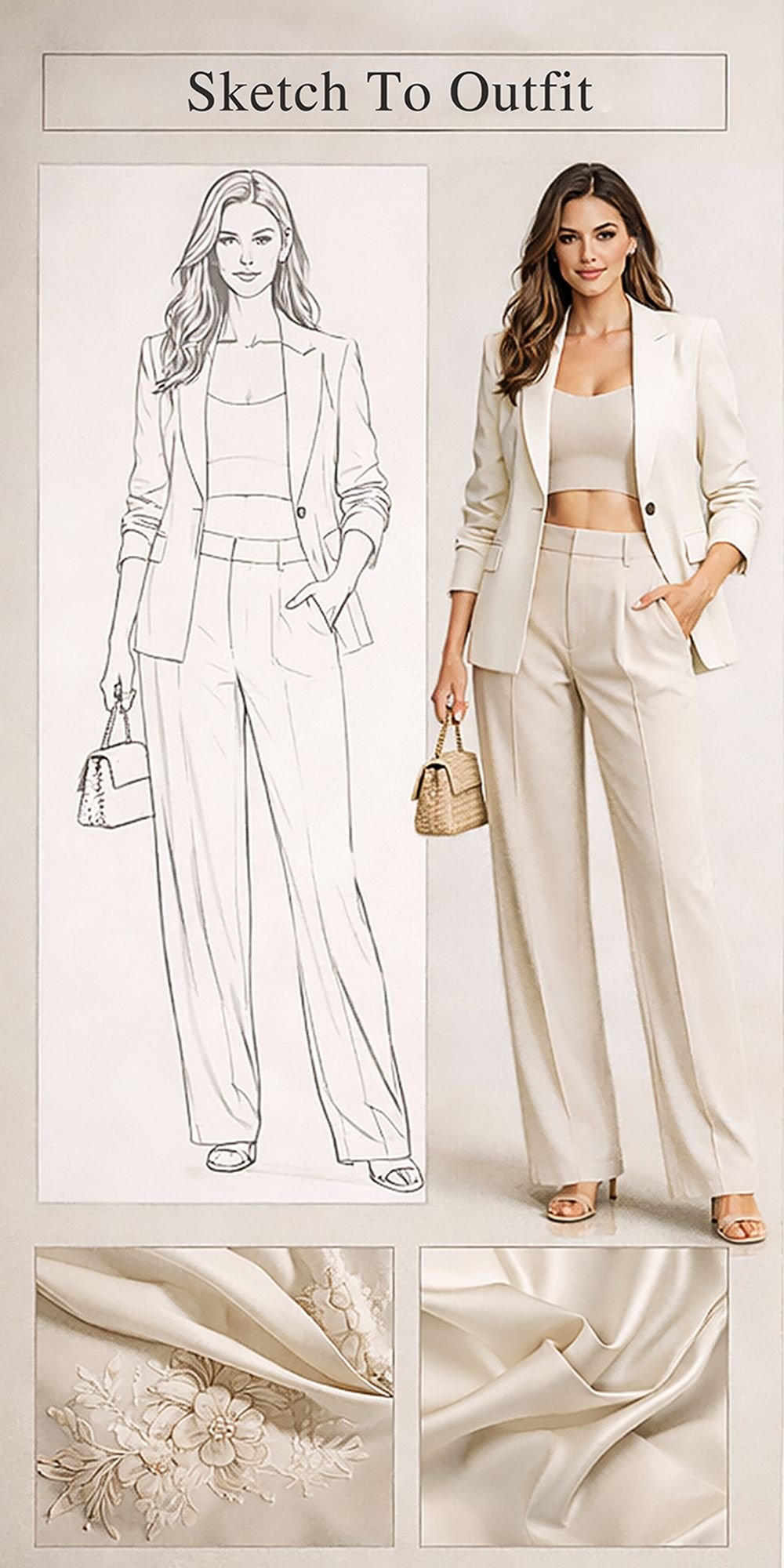 Fashion design layout showing a sketch-to-outfit process of a beige women’s tailored suit with fabric details and embroidery inspiration in a minimalist editorial presentation.