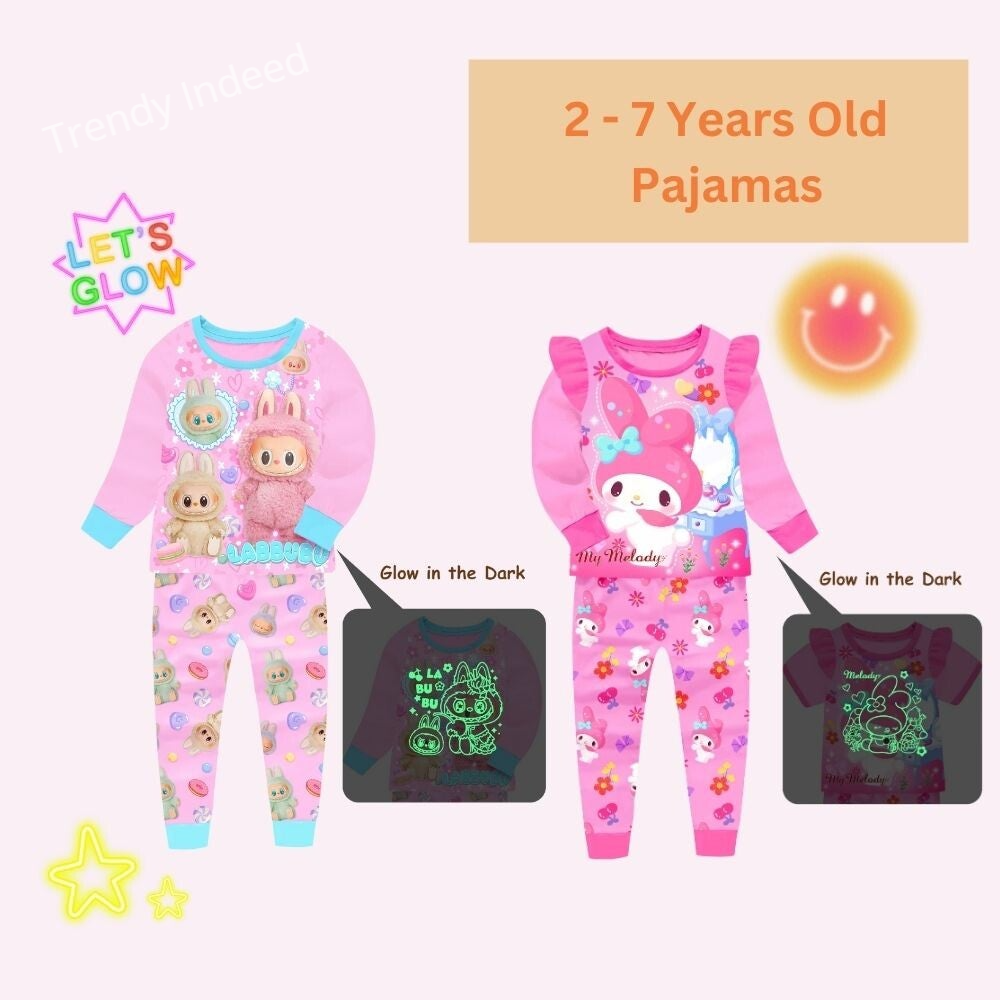 Glow in the dark cartoon inspired kids pajamas set for ages 2 to 7