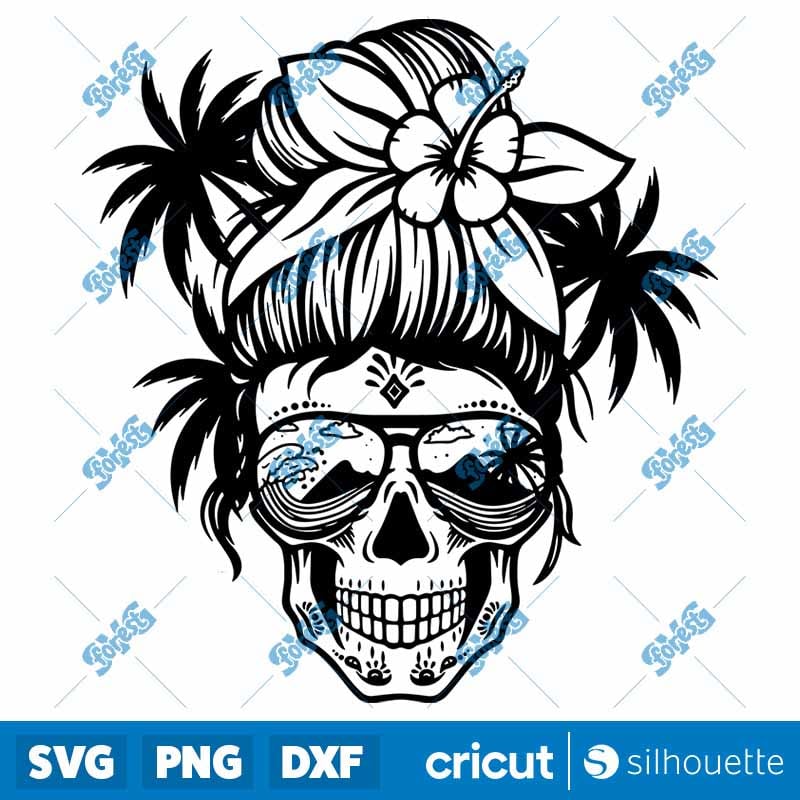 Beach Mom Skull SVG - Messy Bun Mom Life Skull Digital Cut File
