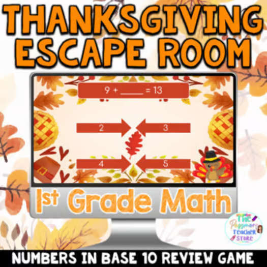1st Grade Digital Thanksgiving Math Escape Room Game Fall Activity Review