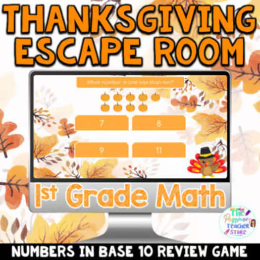 1st Grade Digital Thanksgiving Math Escape Room Game Fall Activity Review