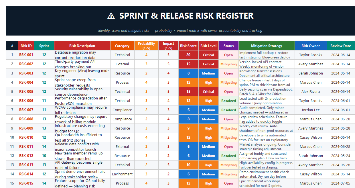 Agile risk register Excel sheet with probability and impact scoring, risk levels, mitigation strategies, and assigned risk owners.