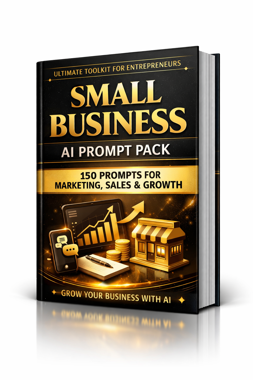 Luxury 3D ebook cover of Small Business AI Prompt Pack featuring 150 AI prompts for marketing, sales, social media, and business growth tools for entrepreneurs.