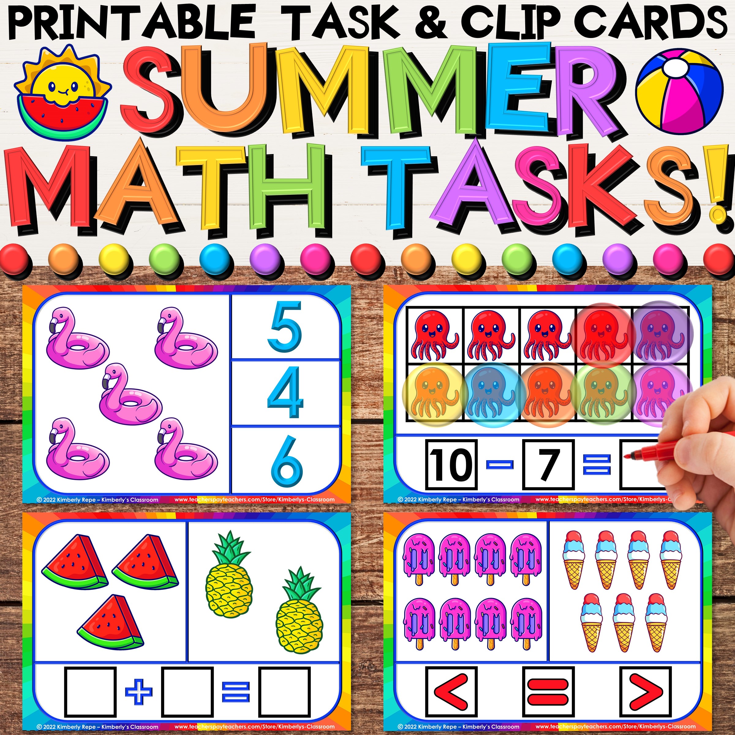 Summer Math Task Cards for Beach Addition, Subtraction, Ten Frames ...