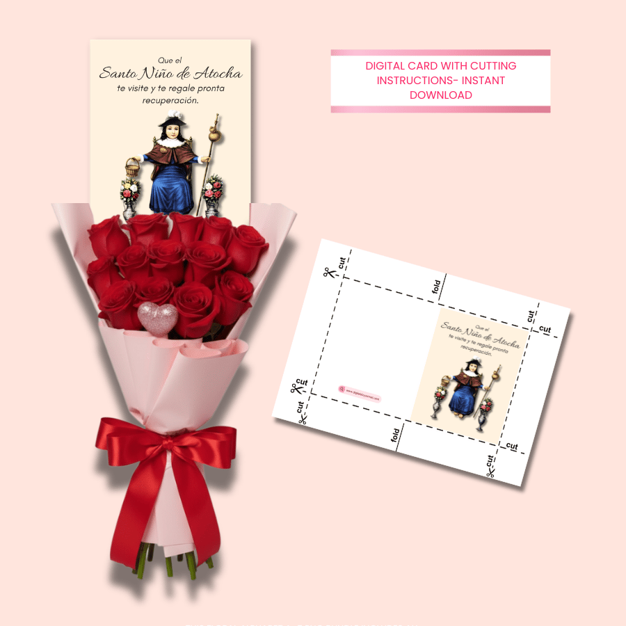 Catholic printable encouragement card featuring Santo Niño de Atocha for recovery and healing.
